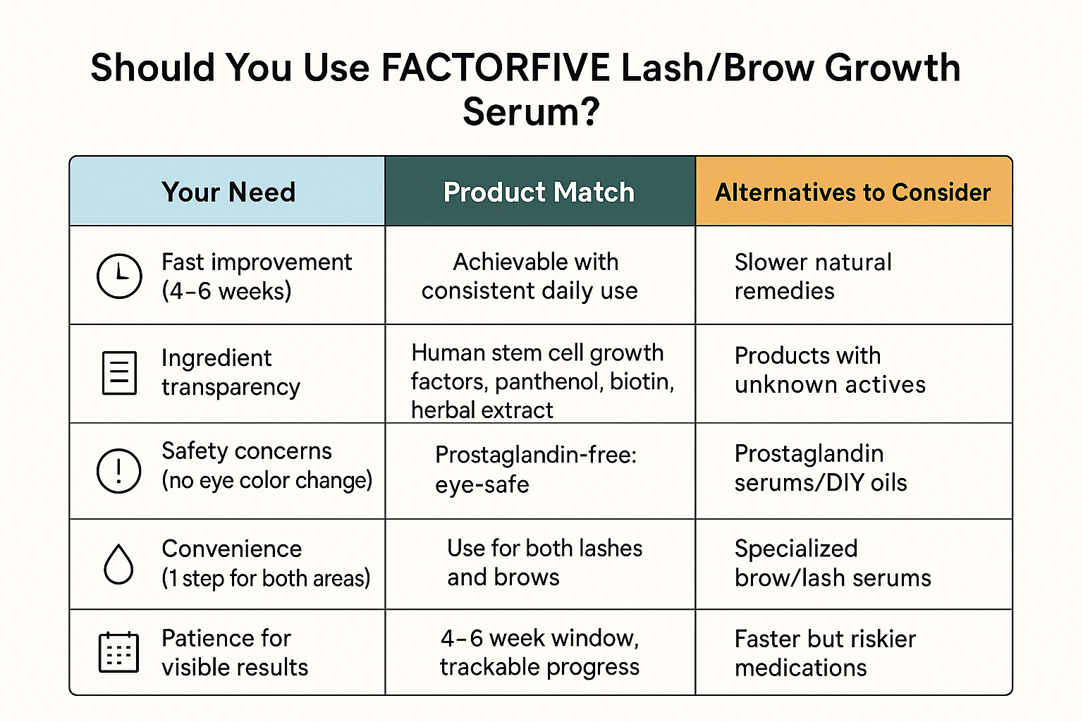 Comparison table showing how the serum matches needs for visible improvement, specific ingredients, safety, and convenience versus alternatives