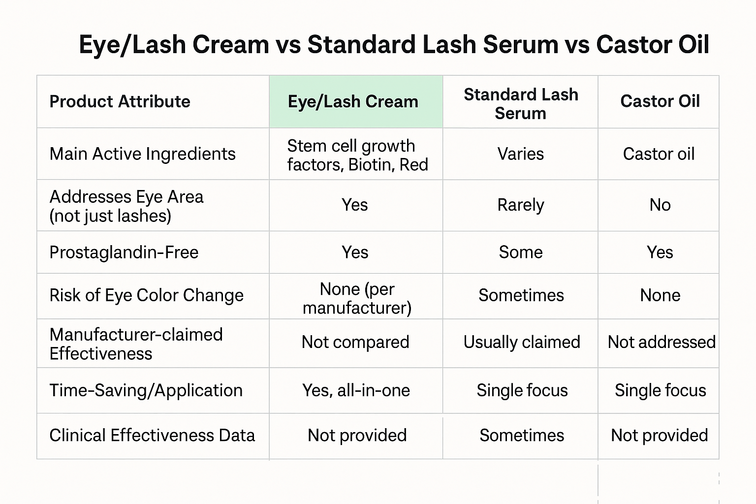 Comparison chart of Eye/Lash Cream against standard lash serum and castor oil across attributes including ingredients, eye area benefits, prostaglandin-free status, eye color risk, and time-saving