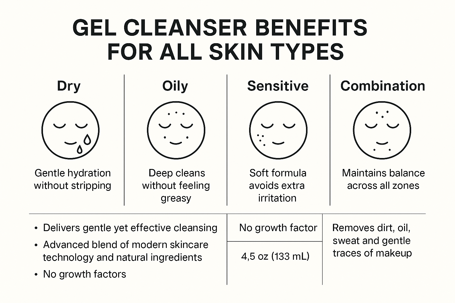 Infographic displaying exact benefits of the gel cleanser for dry, oily, sensitive, and combination skin from the article